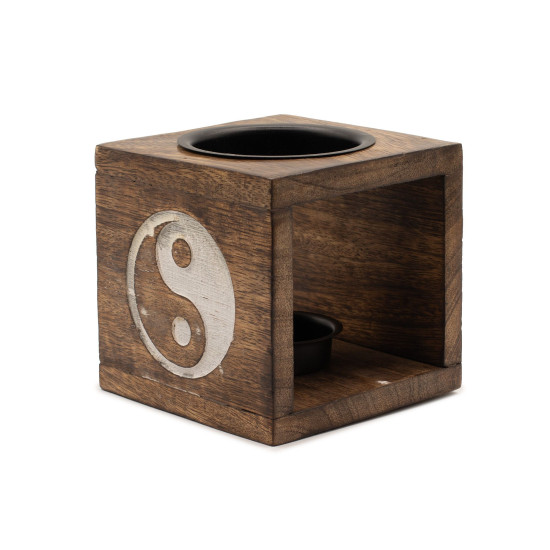 Brûleur à huile carré en bois de manguier - Yin Yang