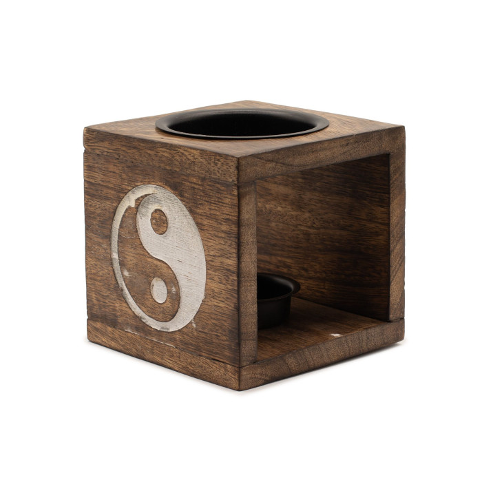 Brûleur à huile carré en bois de manguier - Yin Yang