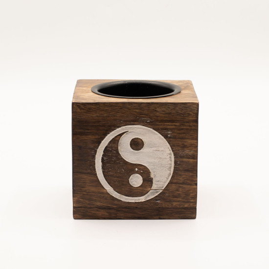 Brûleur à huile carré en bois de manguier - Yin Yang