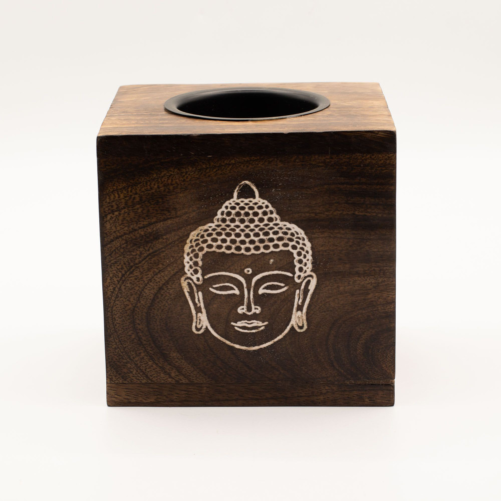 Grand brûleur à huile carré en bois de manguier - Visage de Bouddha