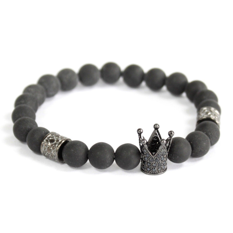 Couronne de cristal / Agate noire - Bracelet en pierres précieuses