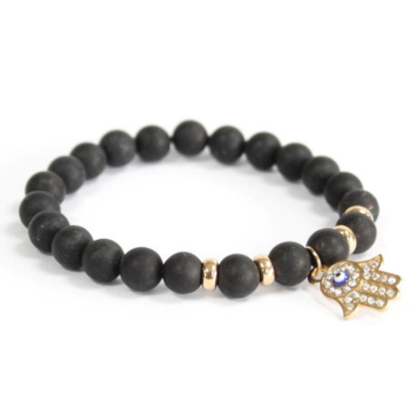 Bracelet Hamsa / Agate Noire - Pierres Précieuses