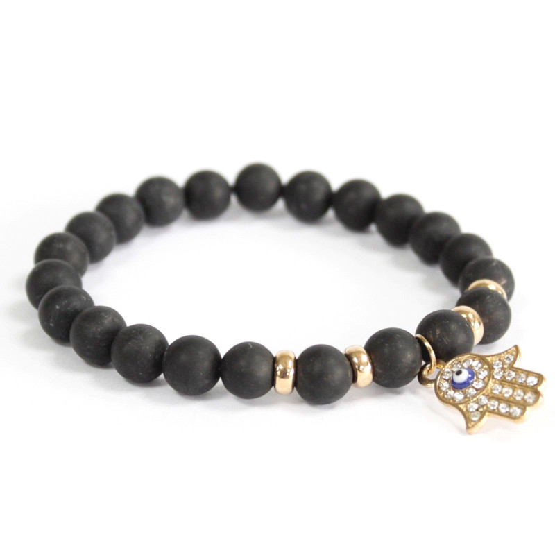 Bracelet Hamsa / Agate Noire - Pierres Précieuses