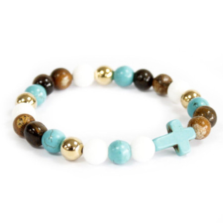 Croix turquoise / Perles royales - Bracelet en pierres précieuses