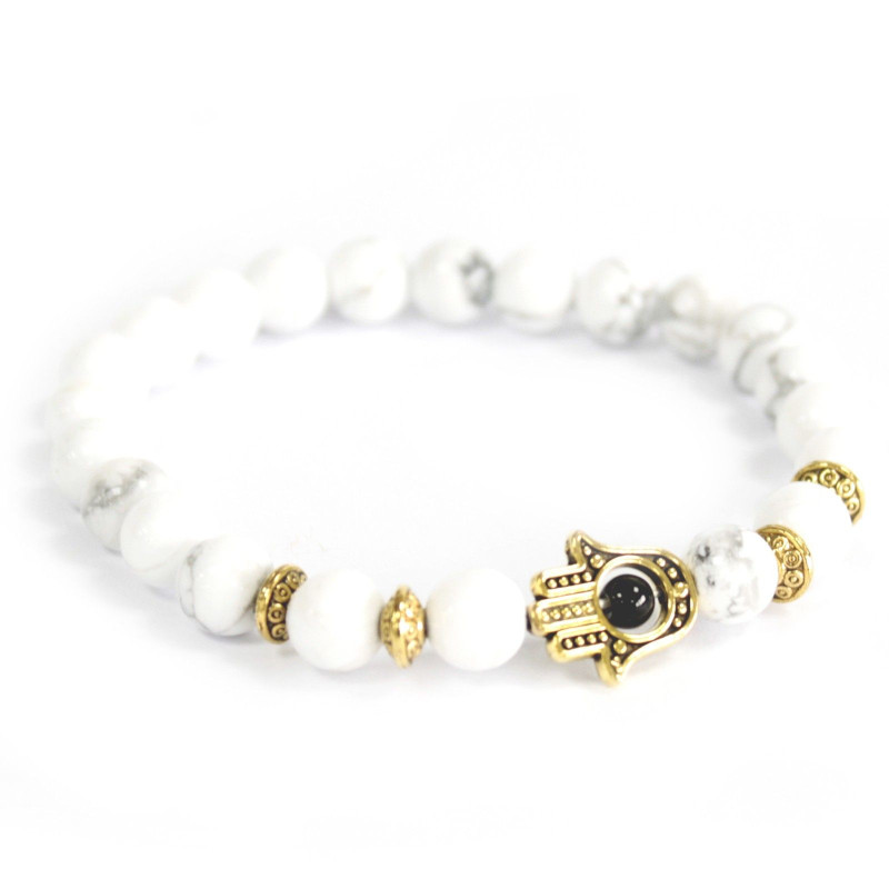 Bracelet Hamsa en or / pierre blanche - Pierre précieuse