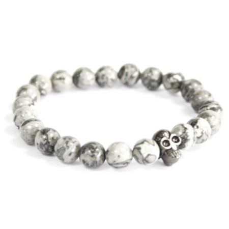 Bracelet en pierres précieuses avec tête de mort en étain et agate grise