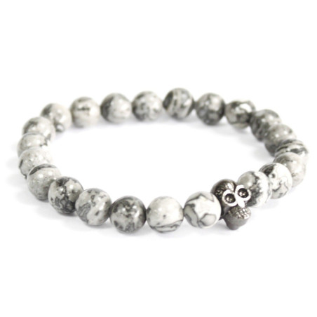 Bracelet en pierres précieuses avec tête de mort en étain et agate grise