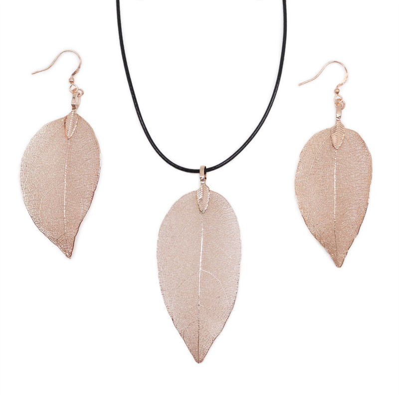 Ensemble collier et boucles d'oreilles - Bravery Leaf - Or rose