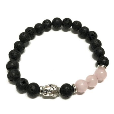 Bracelet en pierre de lave - Quartz rose Bouddha