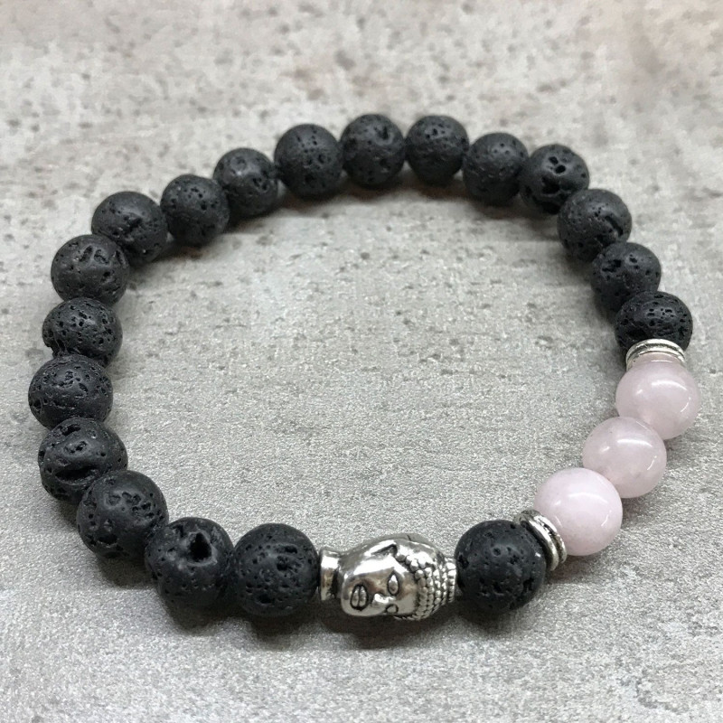Bracelet en pierre de lave - Quartz rose Bouddha