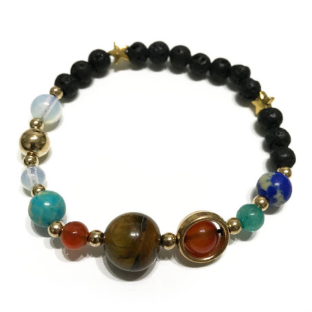 Bracelet en pierre de lave - Système solaire en or