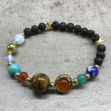 Bracelet en pierre de lave - Système solaire en or