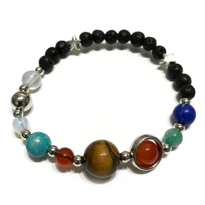 Bracelet en pierre de lave - Système solaire argenté