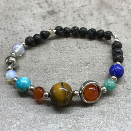 Bracelet en pierre de lave - Système solaire argenté