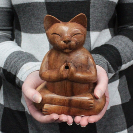 Brûle-encens en bois sculpté - Grand chat yoga