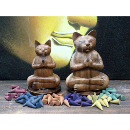 Brûle-encens en bois sculpté - Grand chat yoga