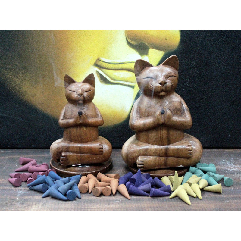 Brûle-encens en bois sculpté - Grand chat yoga