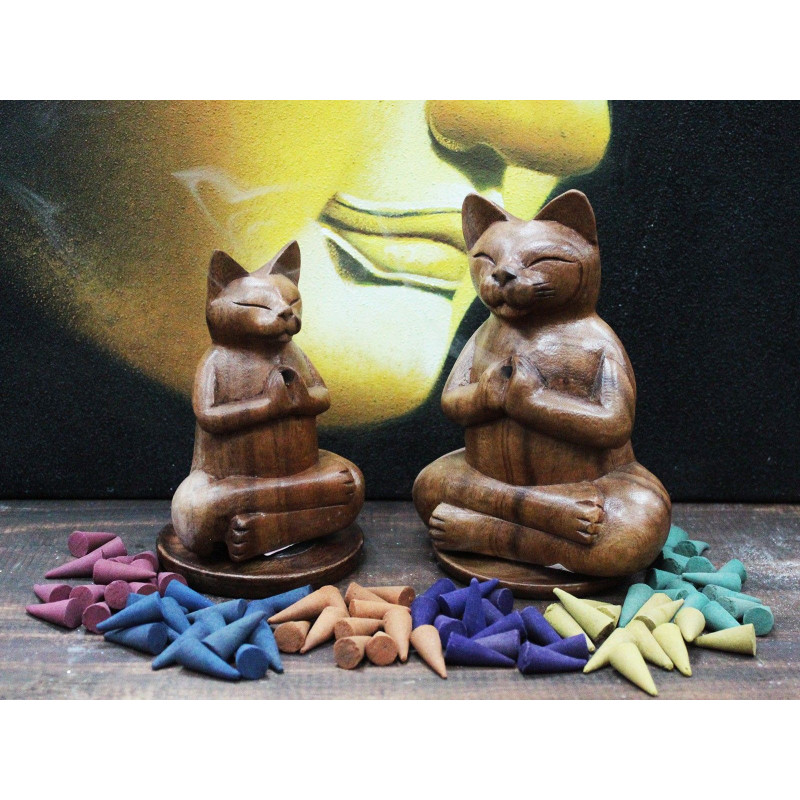 Brûle-encens en bois sculpté - Chat Med Yoga