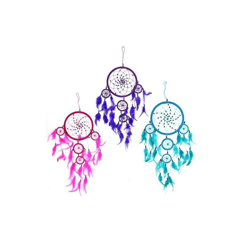 Attrape-rêves de Bali - Grand rond - Turquoise/rose/violet
