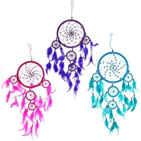 Attrape-rêves de Bali - Grand rond - Turquoise/rose/violet