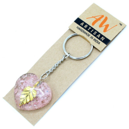 Porte-clés Orgonite Power - Cœur en Quartz Rose Feuille Dorée
