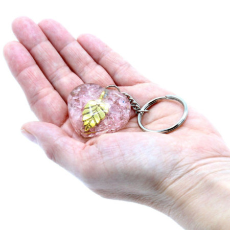 Porte-clés Orgonite Power - Cœur en Quartz Rose Feuille Dorée