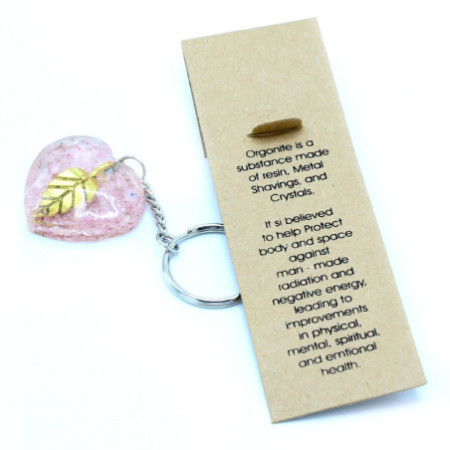 Porte-clés Orgonite Power - Cœur en Quartz Rose Feuille Dorée
