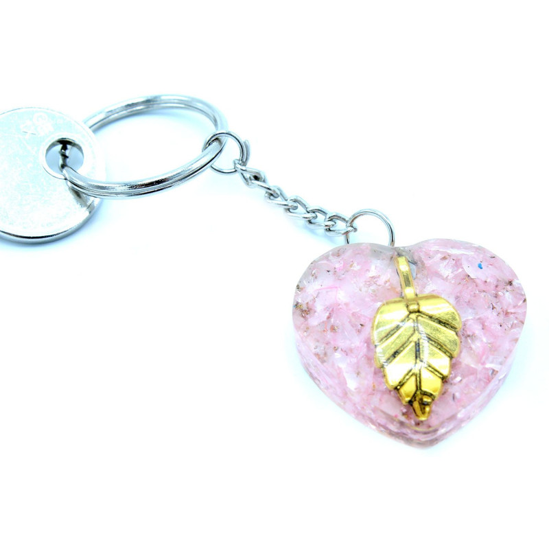Porte-clés Orgonite Power - Cœur en Quartz Rose Feuille Dorée