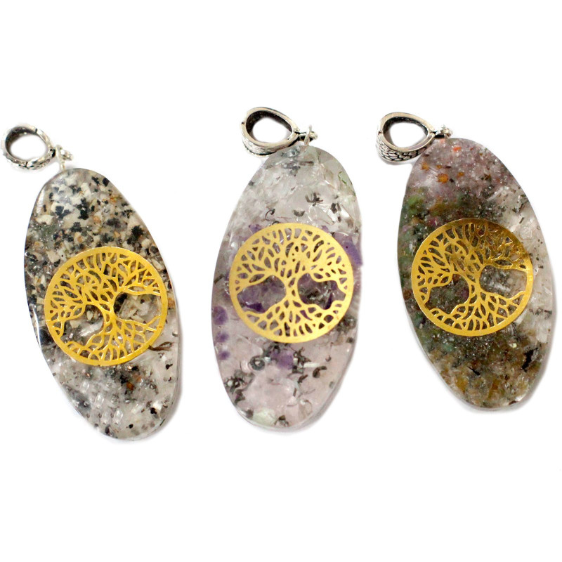 Pendentif Orgonite Power - Chakra Ovale à 7 Pierres avec Arbre