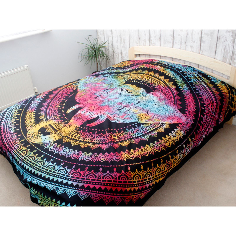 Couvre-lit double en coton + tenture murale - Tête d'éléphant 230 cm x 200 cm
