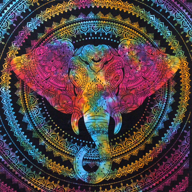 Couvre-lit simple en coton + tenture murale - Tête d'éléphant 130 cm x 200 cm