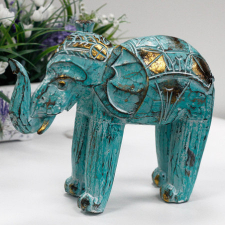 Éléphant sculpté en bois - Turquoise Gold