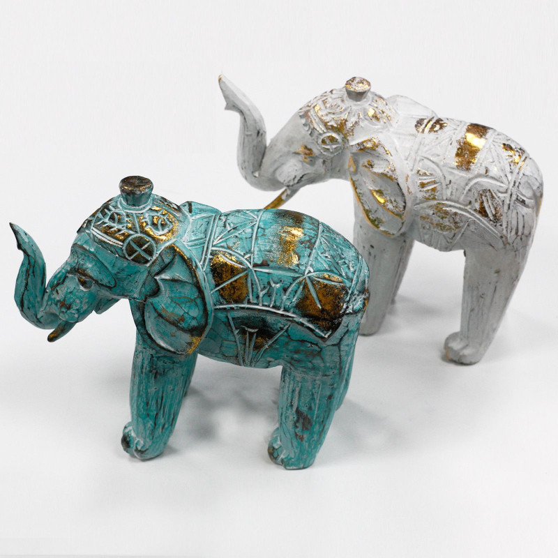 Éléphant sculpté en bois - Turquoise Gold
