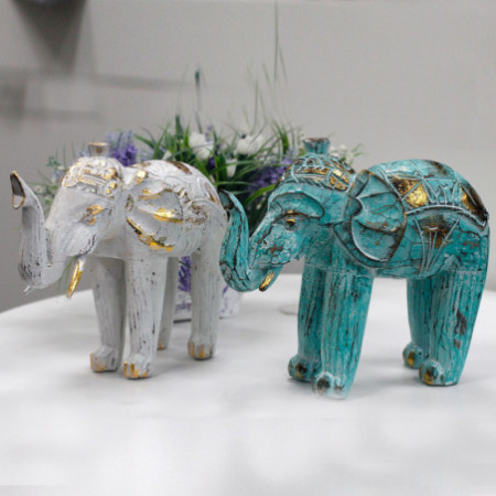 Éléphant sculpté en bois - Turquoise Gold
