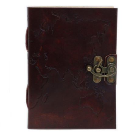 Carnet de notes en cuir avec carte du monde et coutures (18x13 cm)