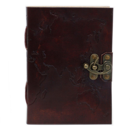 Carnet de notes en cuir avec carte du monde et coutures (18x13 cm)