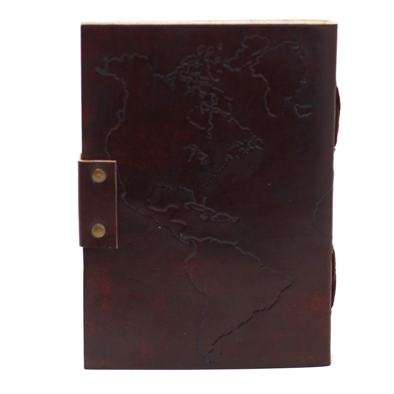 Carnet de notes en cuir avec carte du monde et coutures (18x13 cm)