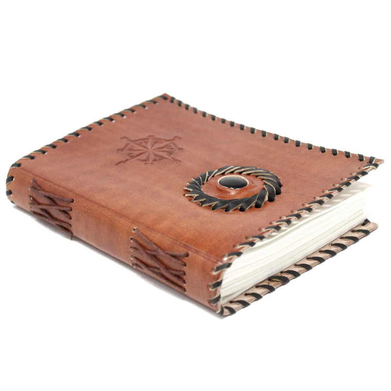 Carnet en cuir noir onyx et compas 17x12 cm