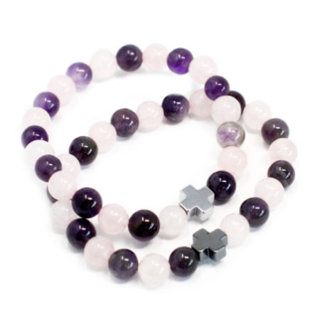 Lot de 2 bracelets d'amitié en pierres précieuses - Amour - Améthyste et Quartz rose