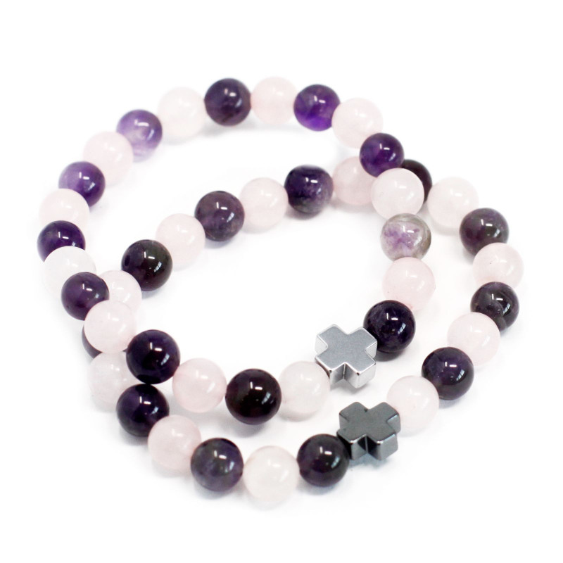 Lot de 2 bracelets d'amitié en pierres précieuses - Amour - Améthyste et Quartz rose