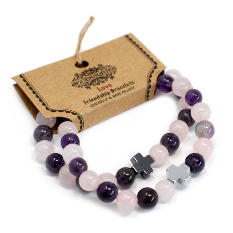 Lot de 2 bracelets d'amitié en pierres précieuses - Amour - Améthyste et Quartz rose