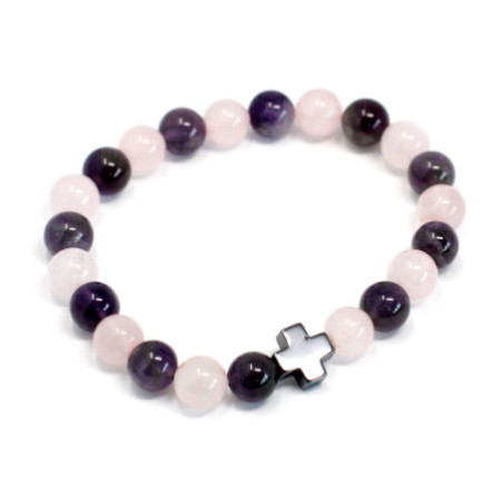 Lot de 2 bracelets d'amitié en pierres précieuses - Amour - Améthyste et Quartz rose