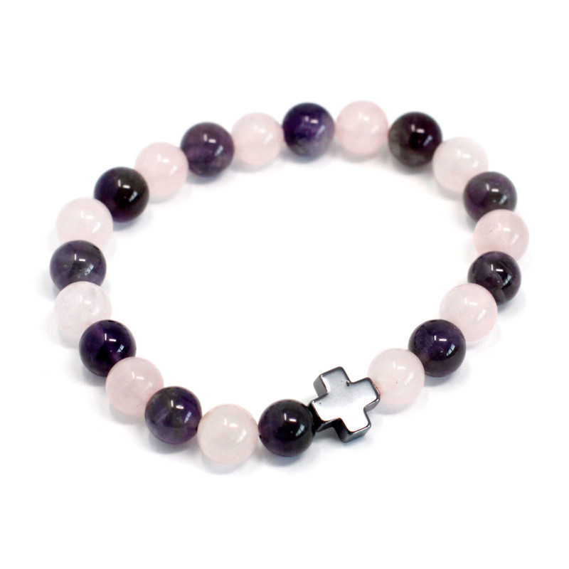 Lot de 2 bracelets d'amitié en pierres précieuses - Amour - Améthyste et Quartz rose