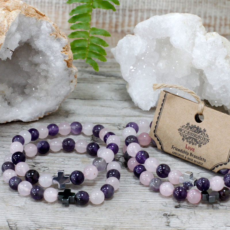 Lot de 2 bracelets d'amitié en pierres précieuses - Amour - Améthyste et Quartz rose