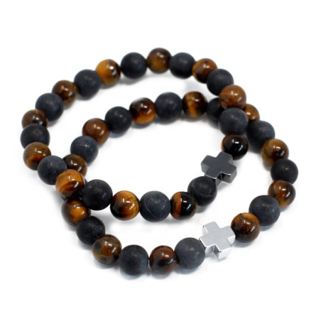 Lot de 2 bracelets d'amitié en pierres précieuses - Puissance - œil de tigre et pierre noire