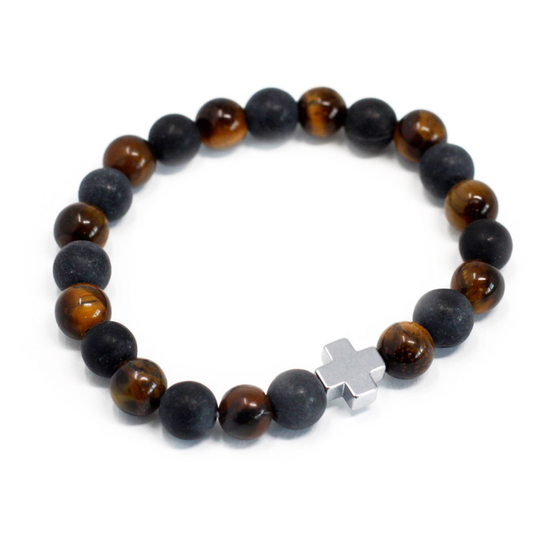Lot de 2 bracelets d'amitié en pierres précieuses - Puissance - œil de tigre et pierre noire