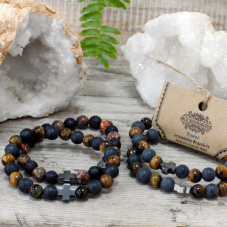Lot de 2 bracelets d'amitié en pierres précieuses - Puissance - œil de tigre et pierre noire