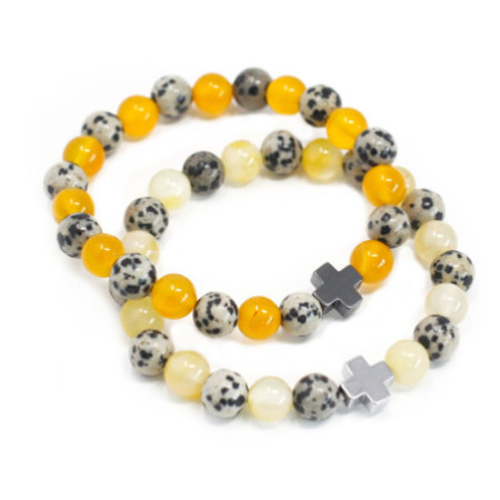 Lot de 2 bracelets d'amitié en pierres précieuses - Protection - Jaspe dalmatien et agate jaune