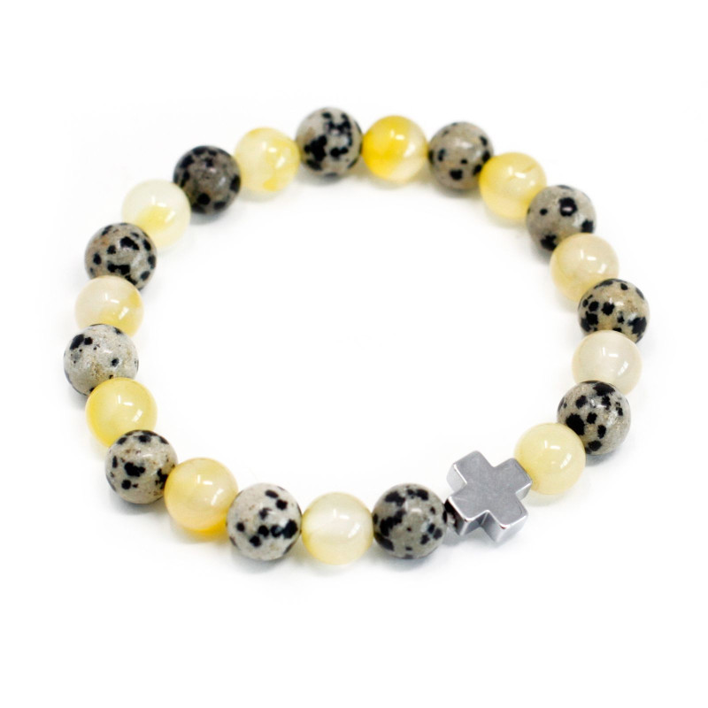 Lot de 2 bracelets d'amitié en pierres précieuses - Protection - Jaspe dalmatien et agate jaune