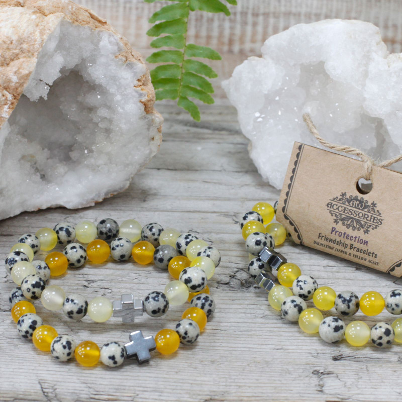Lot de 2 bracelets d'amitié en pierres précieuses - Protection - Jaspe dalmatien et agate jaune